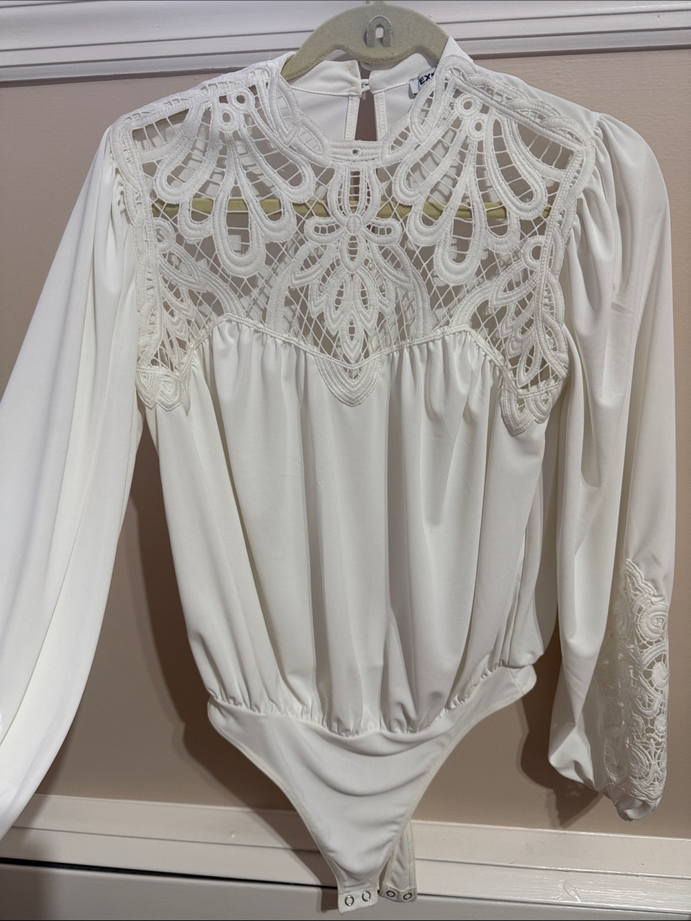 Express White Lace Yoke Long Sleeve  Bodysuit